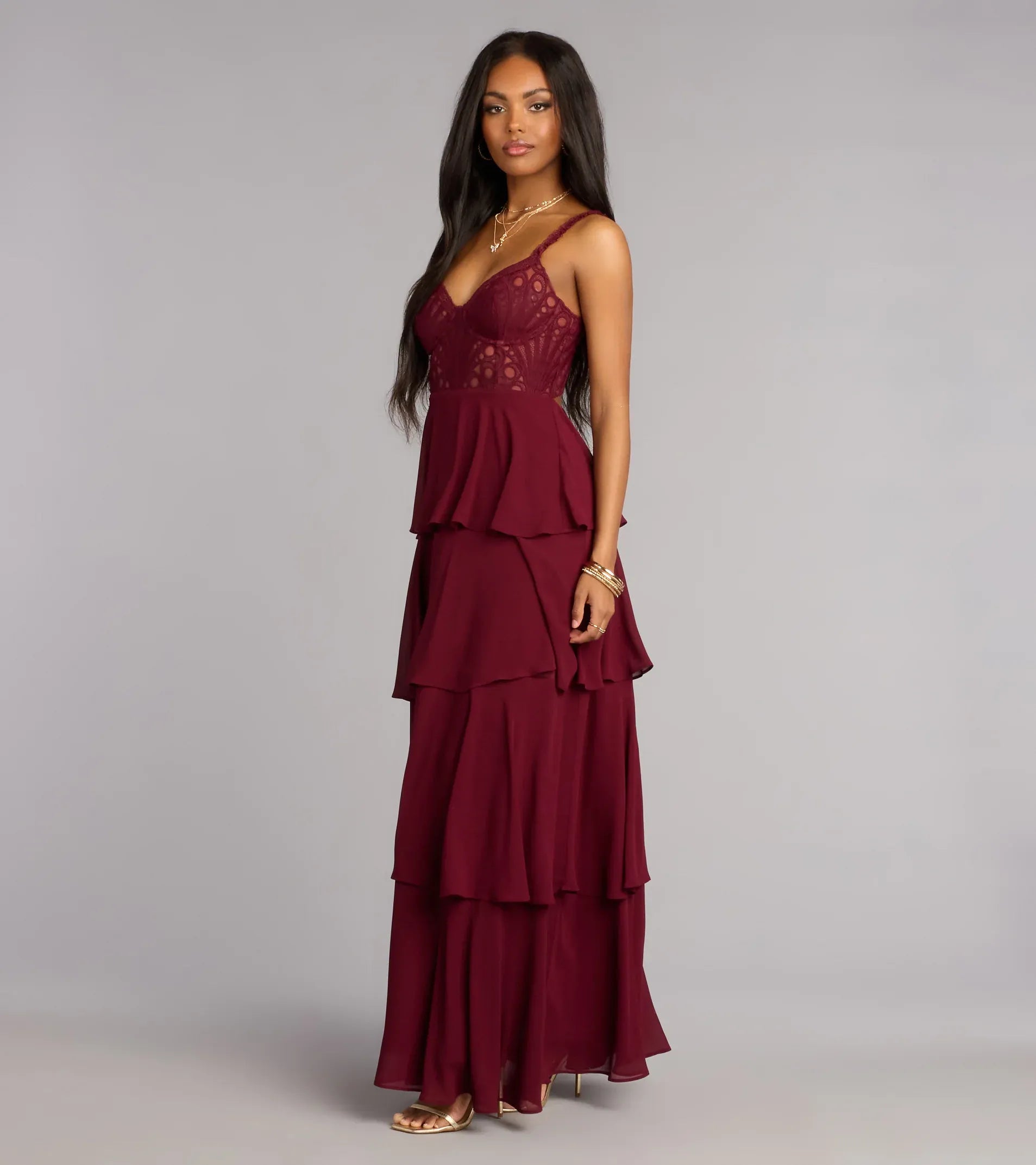 Tiered A-Line Spaghetti Lace-Bodice Corset-Back Chiffon Maxi Wedding Guest Dress