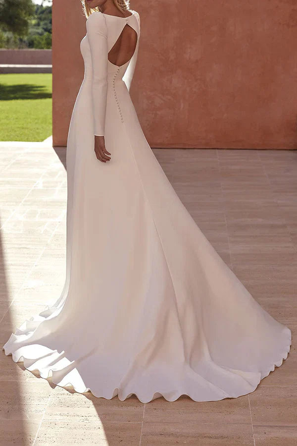 Timeless A‑Line Square‑Neck Long‑Sleeve Keyhole‑Back Floor‑Length Wedding Dresses For Classic Wedding