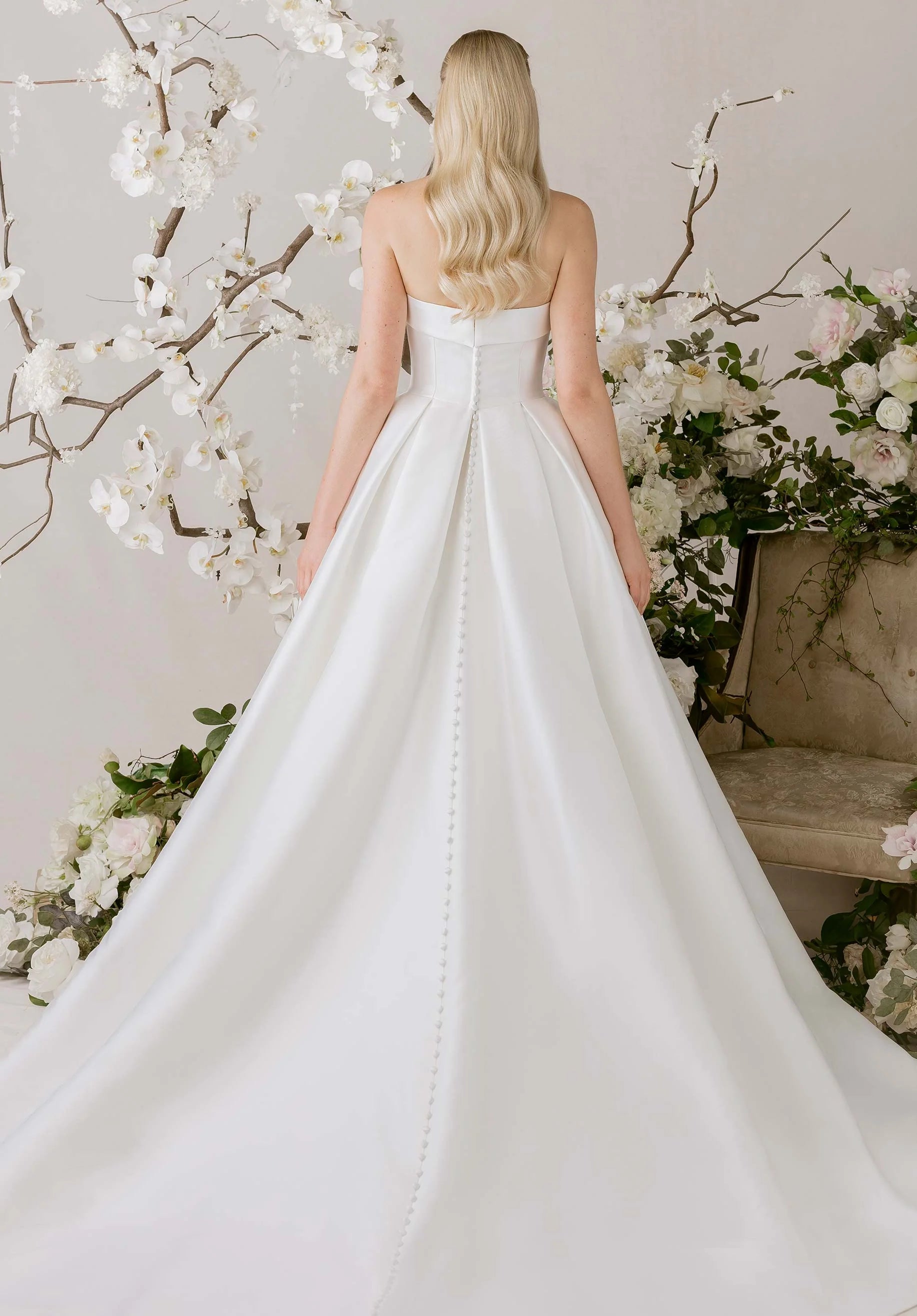 Timeless Strapless Satin Ball Gown Wedding Dress with Button Back