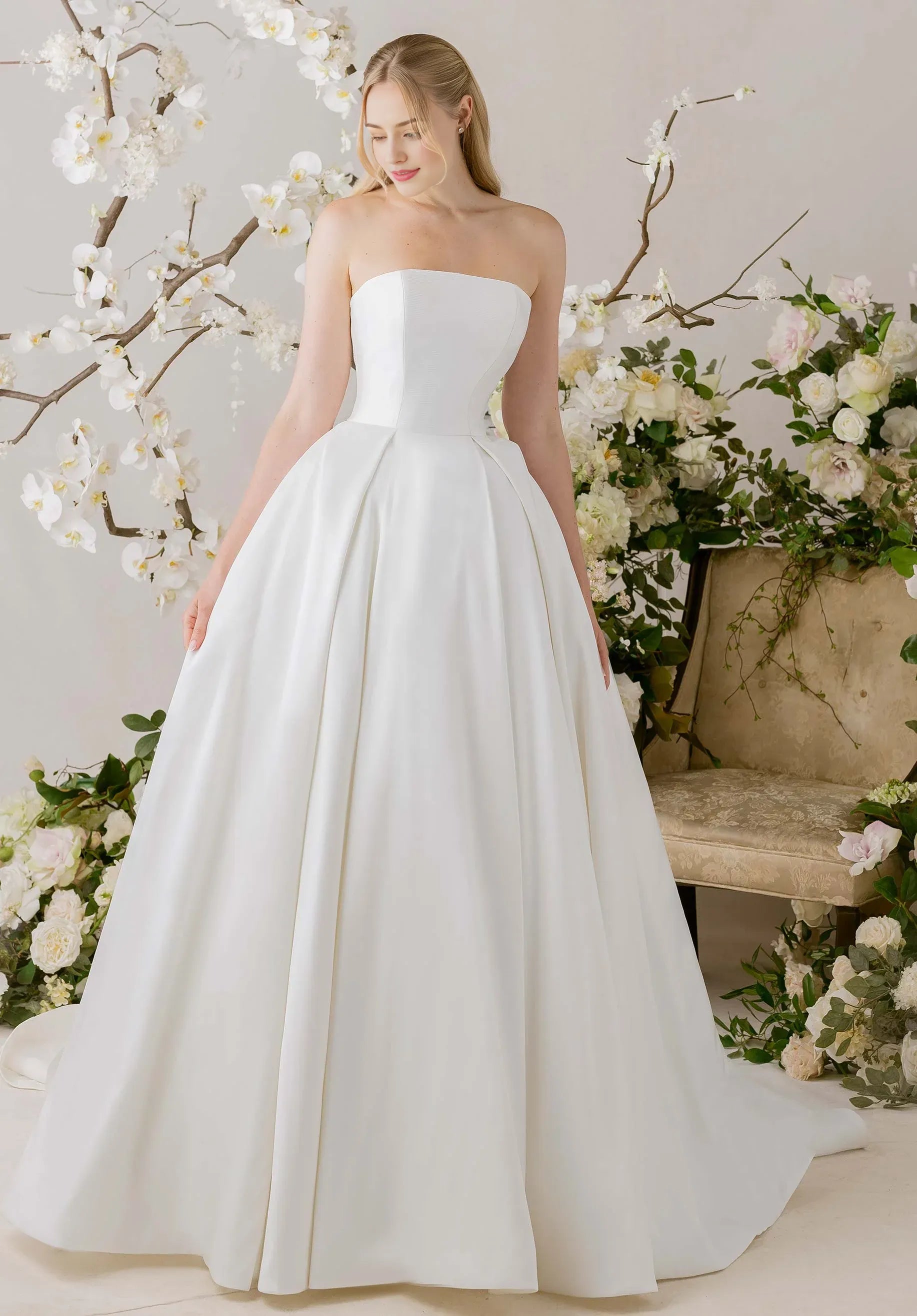Timeless Strapless Satin Ball Gown Wedding Dress with Button Back