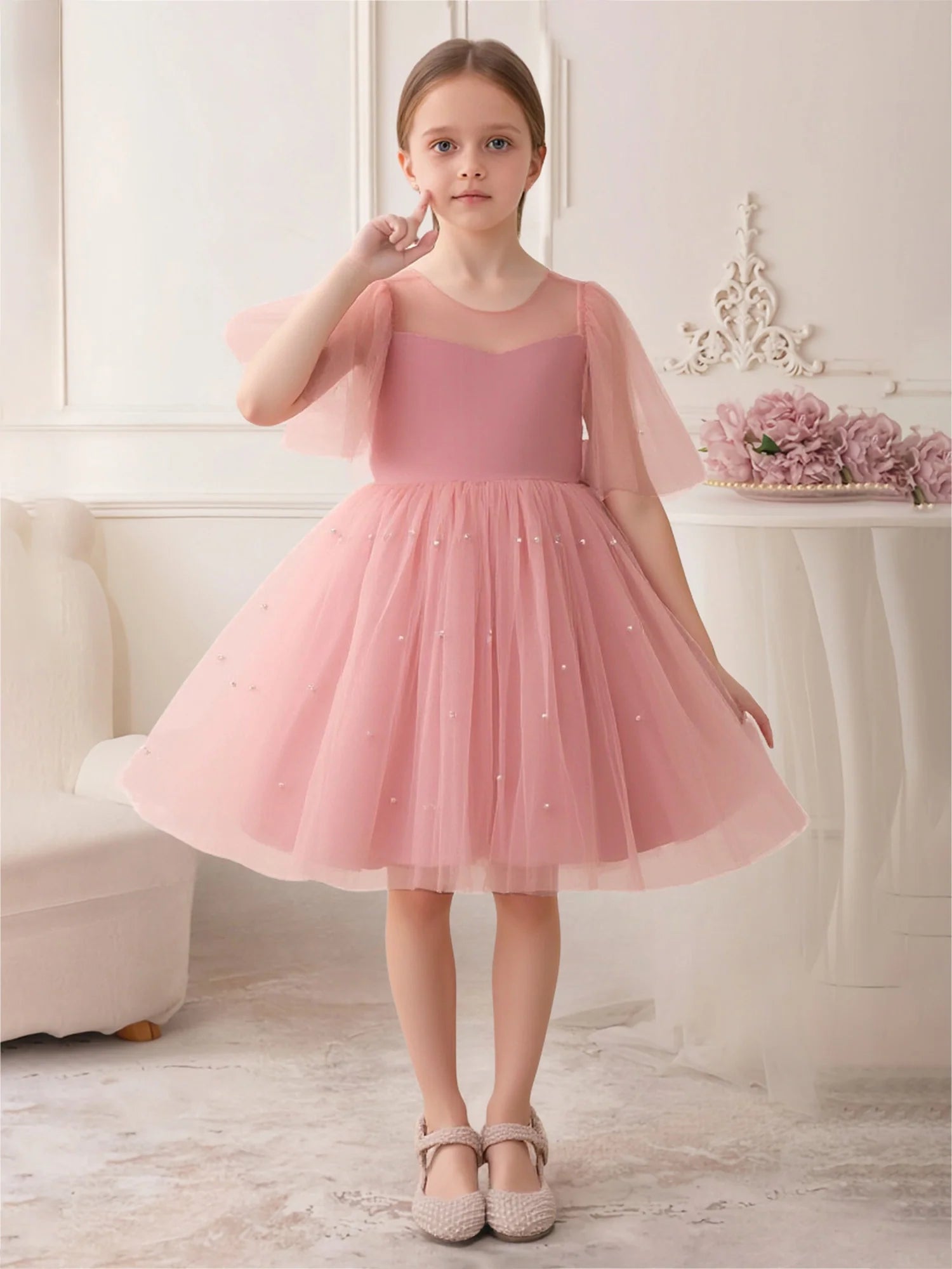Tulle Flutter Short Sleeve V Back Oversized Satin Bow Pearl Scattered Pink Tulle Midi Flower Girl Dresses