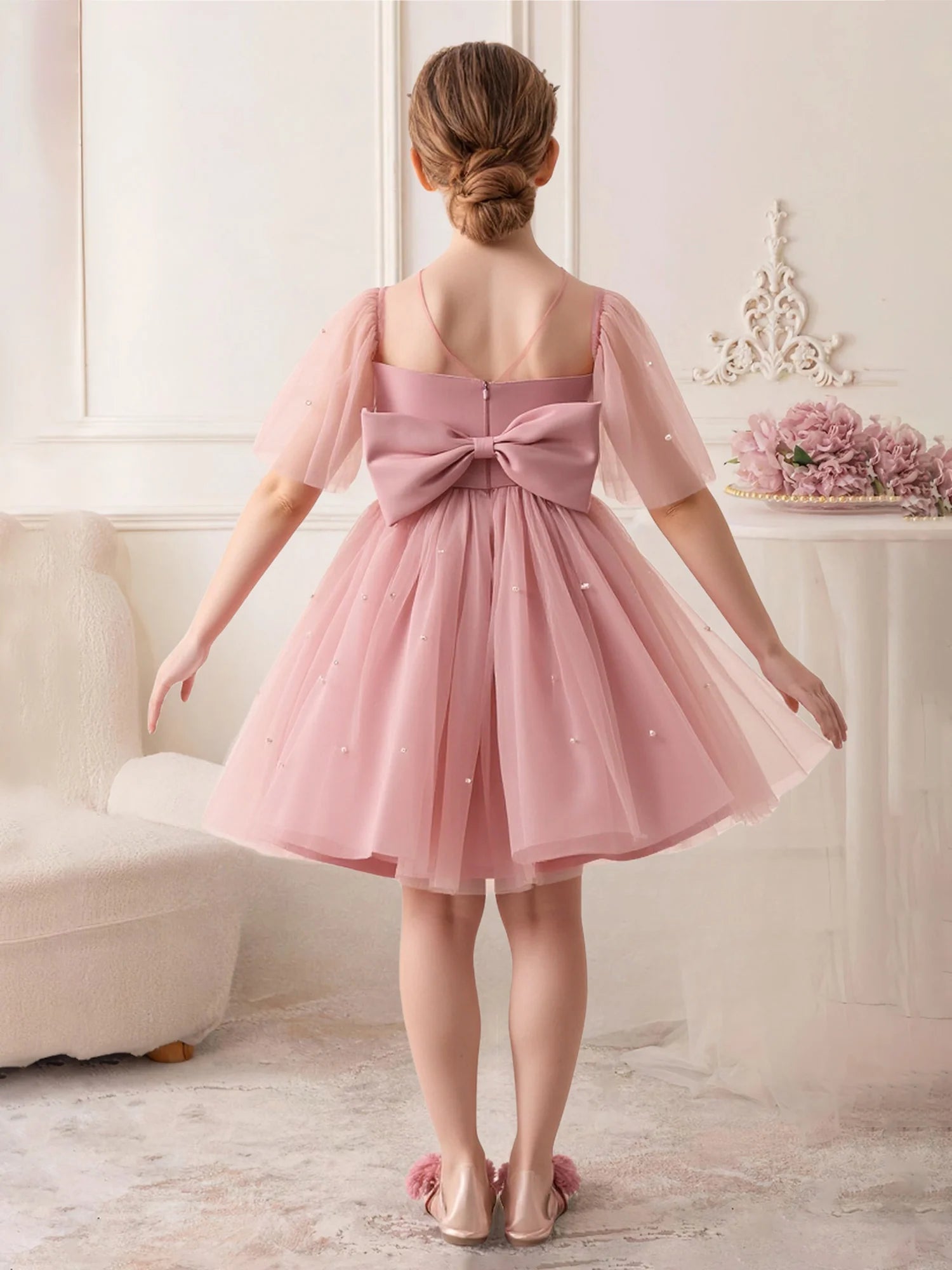 Tulle Flutter Short Sleeve V Back Oversized Satin Bow Pearl Scattered Pink Tulle Midi Flower Girl Dresses