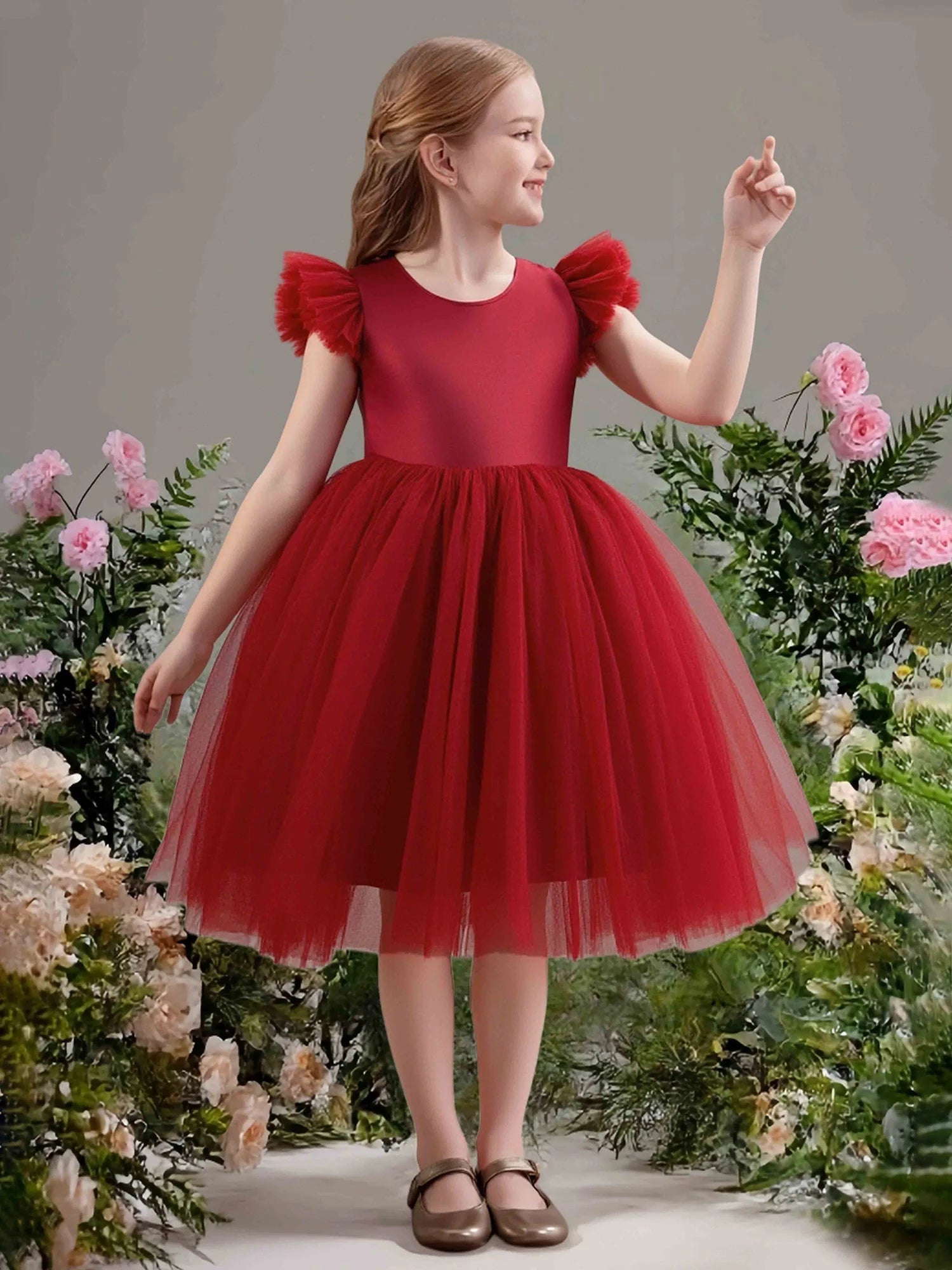 Tulle Ruffle Cap Sleeve Heart Cutout Back Oversized Satin Bow Red Tulle Short Flower Girl Dresses