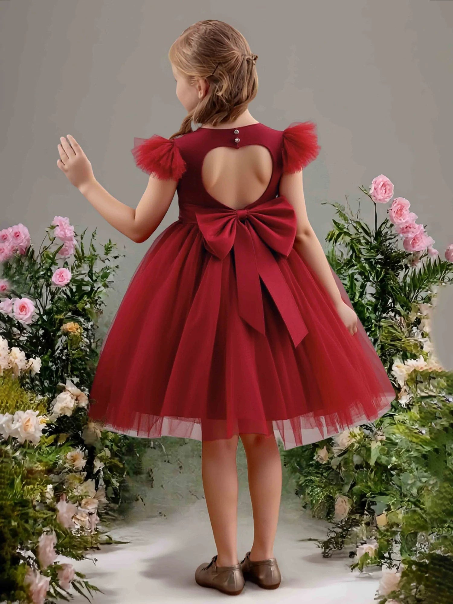 Tulle Ruffle Cap Sleeve Heart Cutout Back Oversized Satin Bow Red Tulle Short Flower Girl Dresses