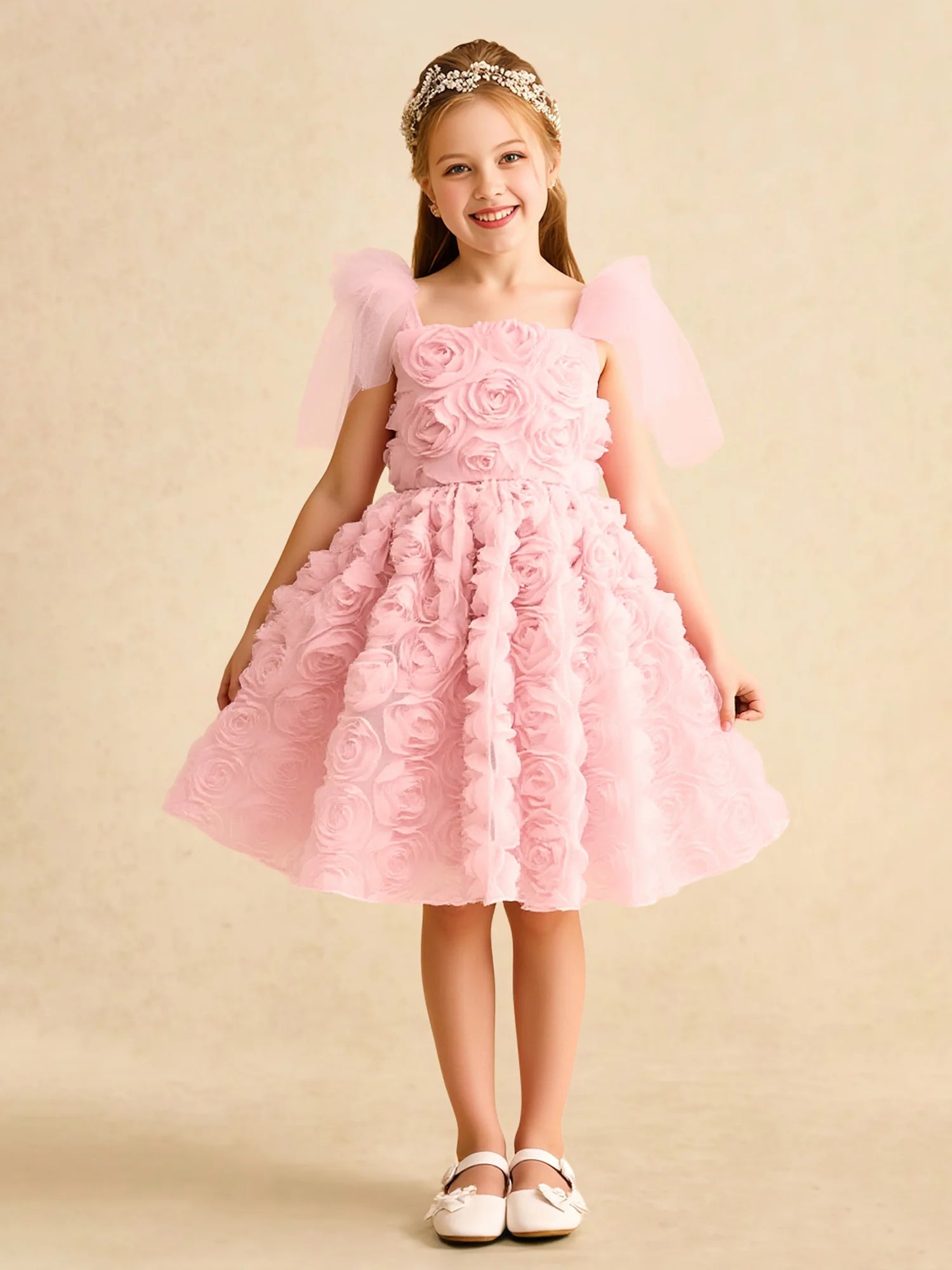 Tulle Short Sleeve V Back All-Over 3D Rose Floral Pink Tulle Midi Flower Girl Dresses
