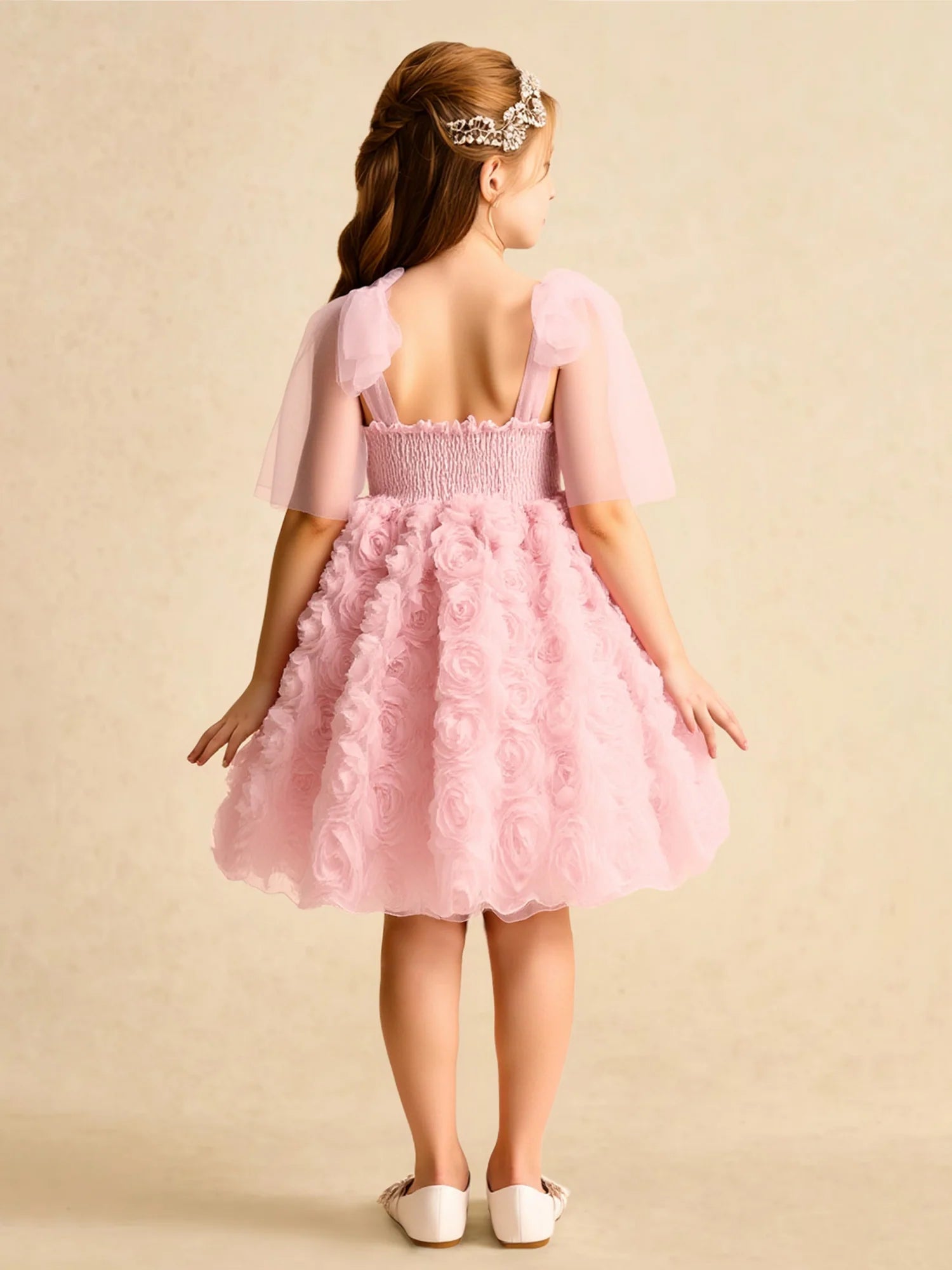 Tulle Short Sleeve V Back All-Over 3D Rose Floral Pink Tulle Midi Flower Girl Dresses
