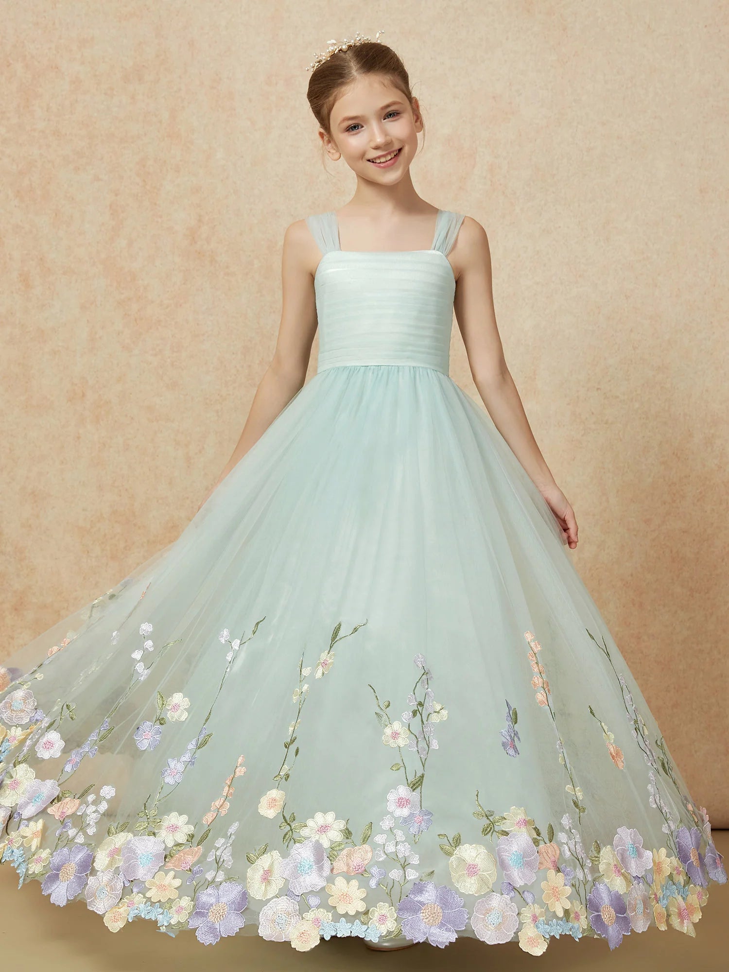 Tulle Strap Pleated Bodice Floral Embroidery Mint Green Floor Length Flower Girl Dresses