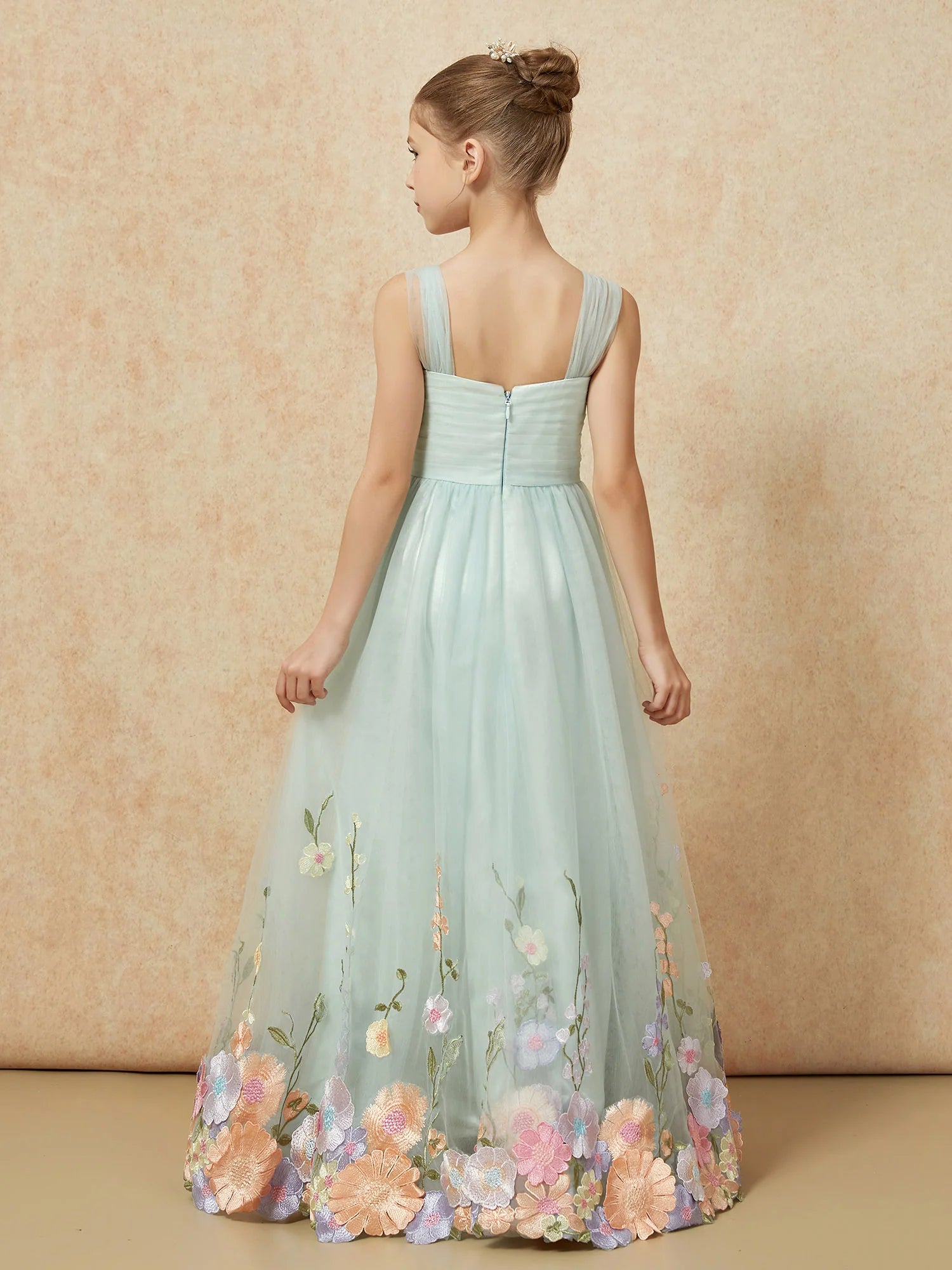 Tulle Strap Pleated Bodice Floral Embroidery Mint Green Floor Length Flower Girl Dresses