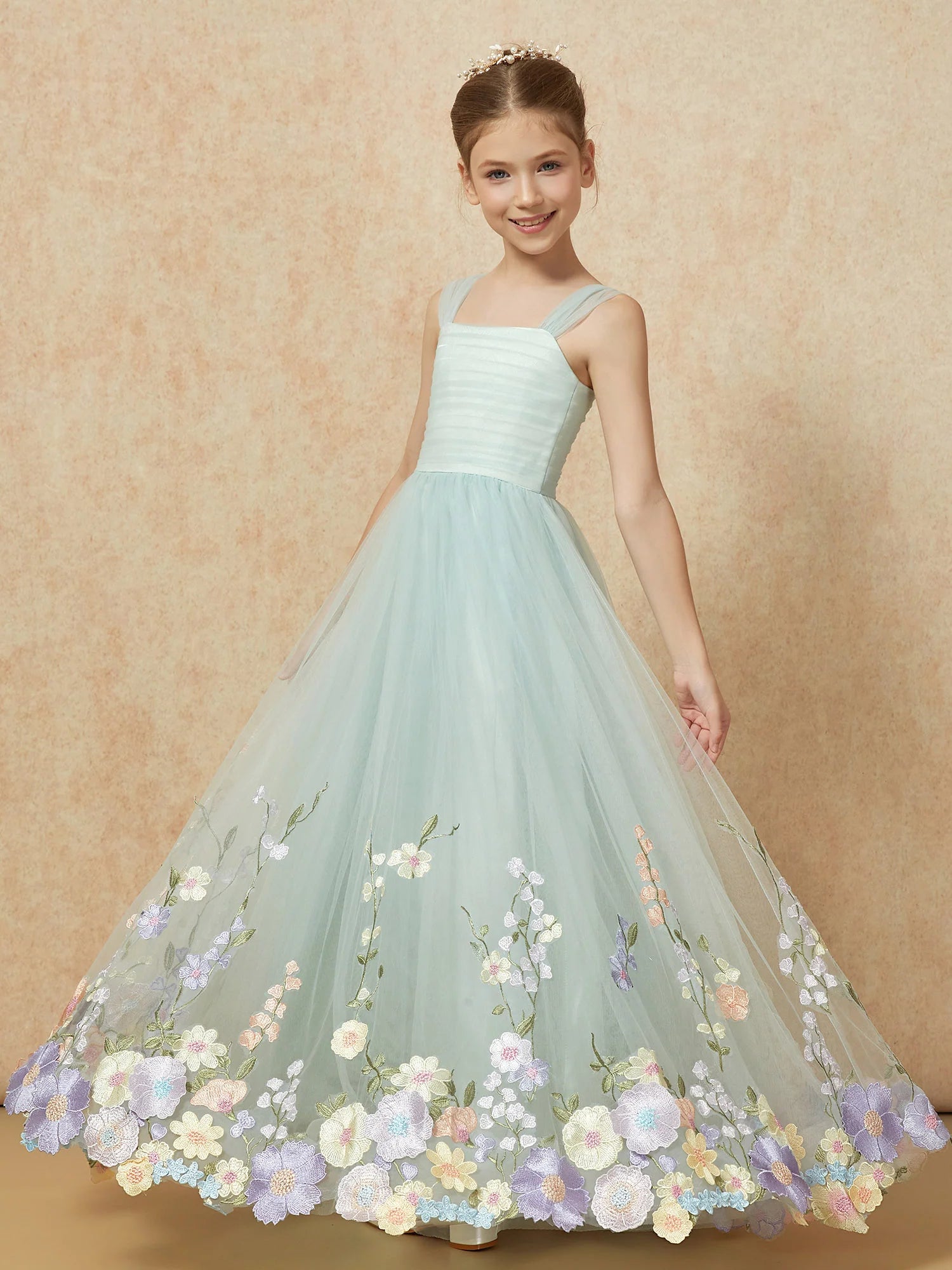 Tulle Strap Pleated Bodice Floral Embroidery Mint Green Floor Length Flower Girl Dresses