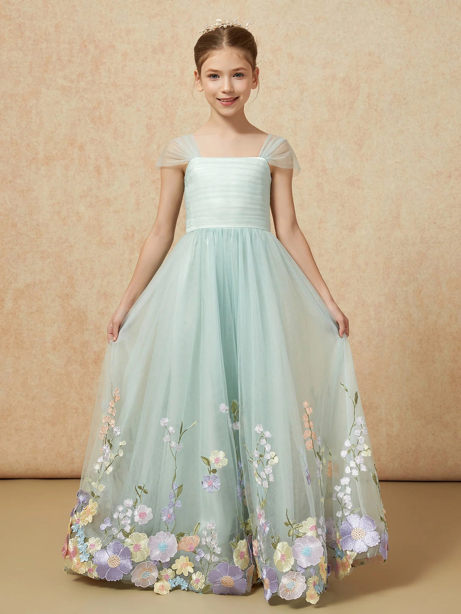 Tulle Strap Pleated Bodice Floral Embroidery Mint Green Floor Length Flower Girl Dresses