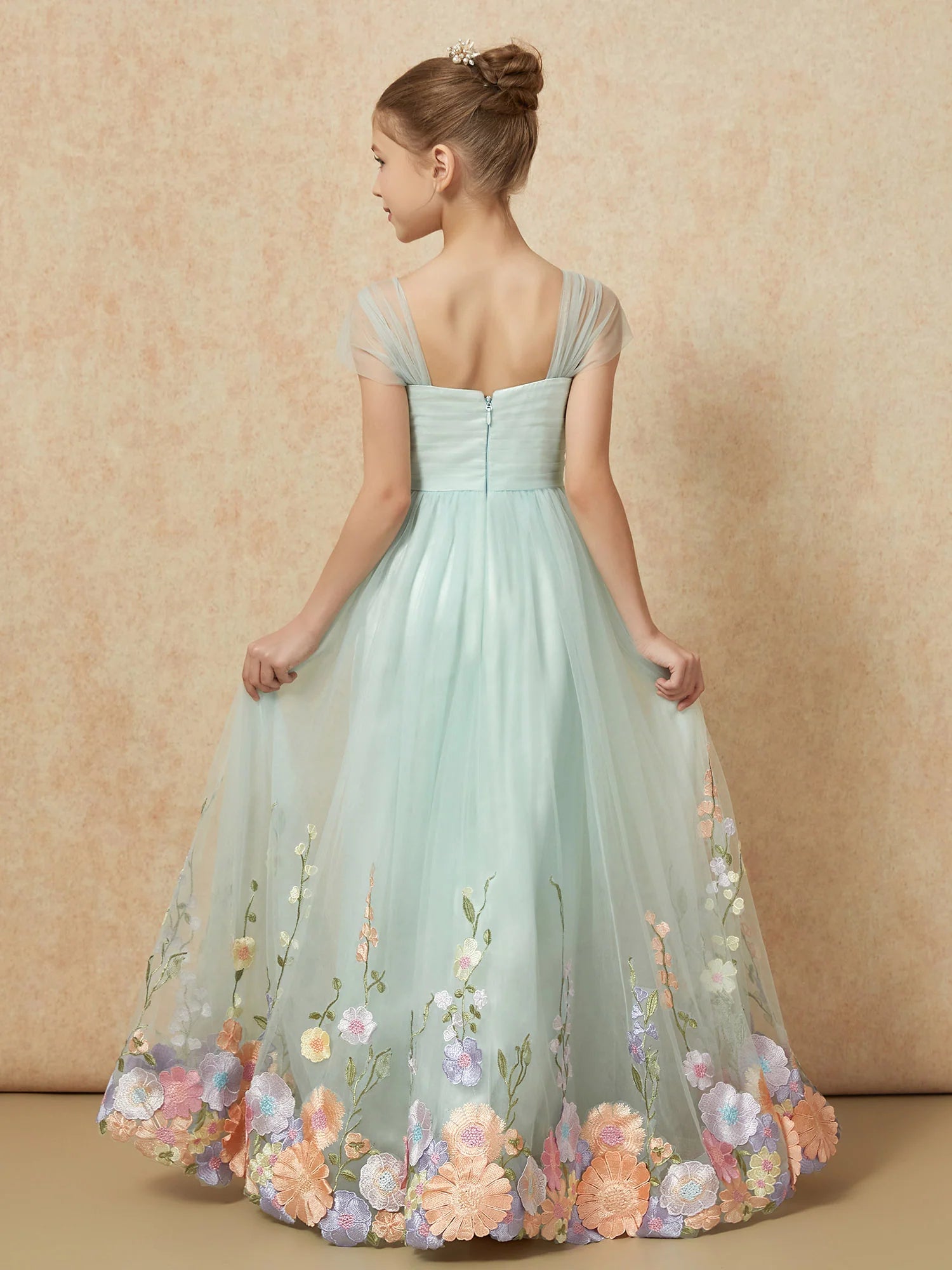 Tulle Strap Pleated Bodice Floral Embroidery Mint Green Floor Length Flower Girl Dresses