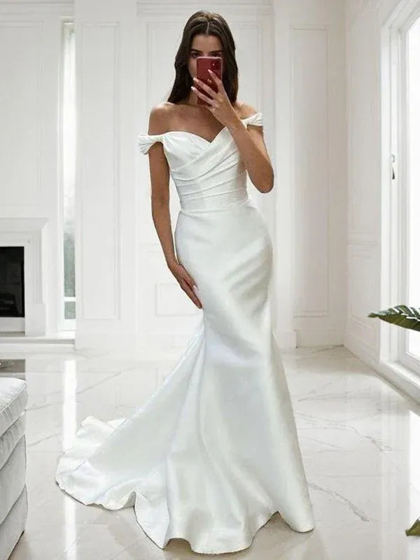Twist Off Shoulder Draped Sweetheart Gloss Satin Mermaid Floor-Length Wedding Dress