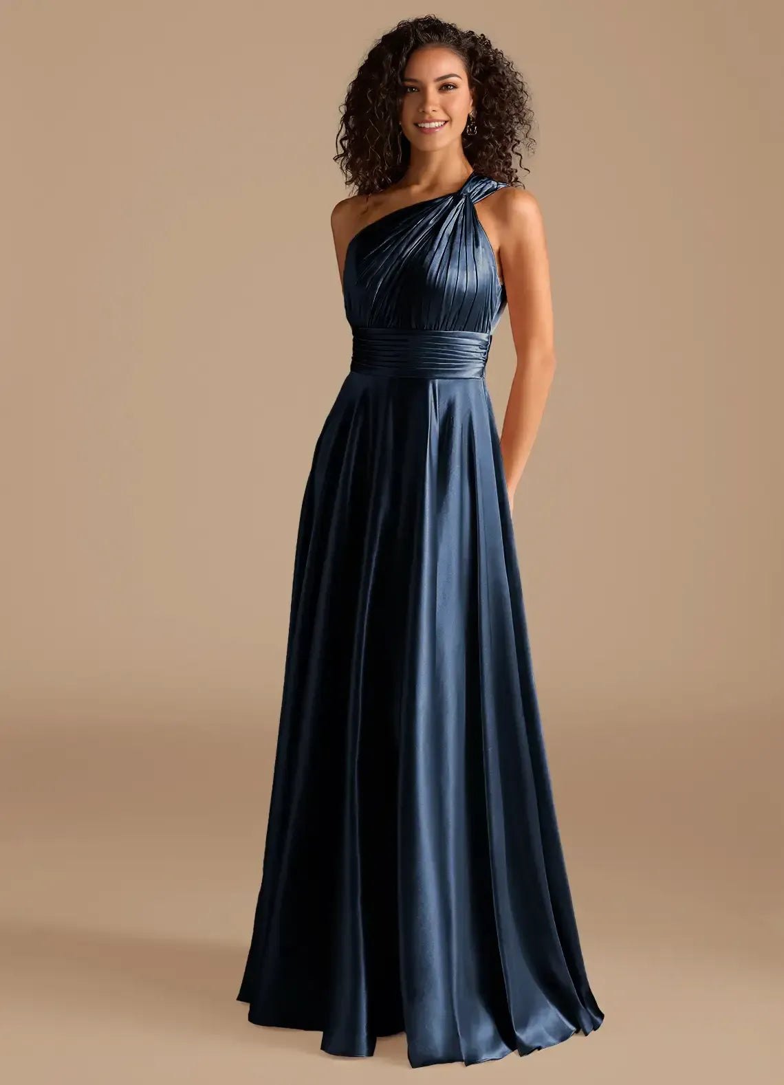 Twist One Shoulder Pleated Waist Cutout Back A Line Satin Long Bridesmaid Dress