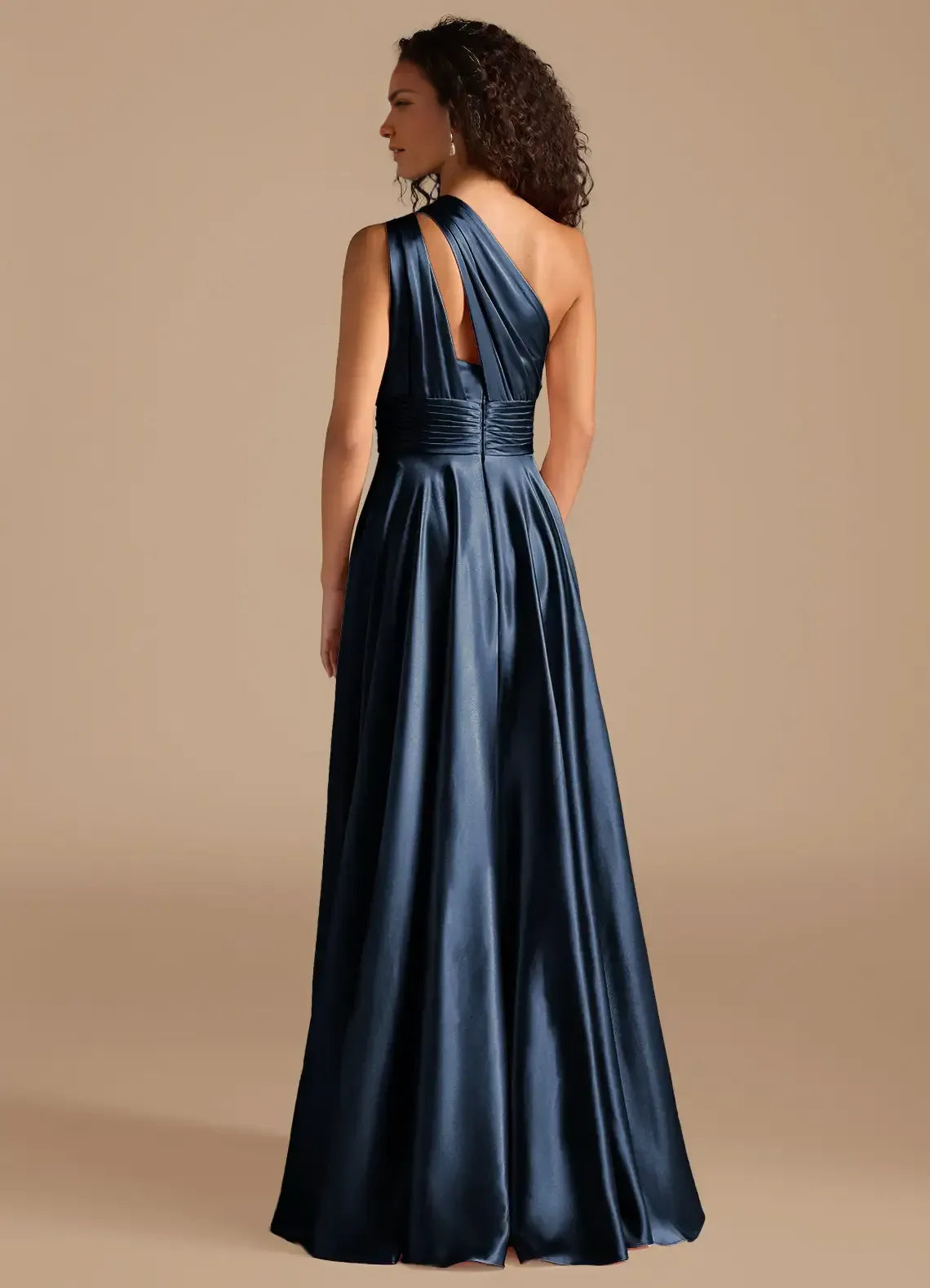 Twist One Shoulder Pleated Waist Cutout Back A Line Satin Long Bridesmaid Dress