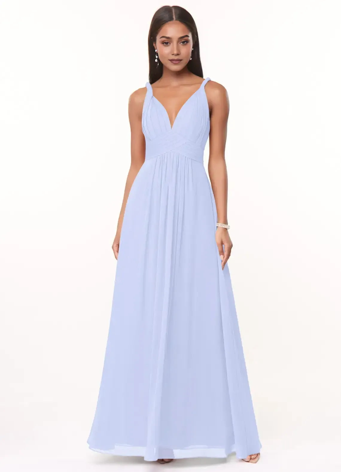 Twist Spaghetti Strap Pleated Empire Waist A Line Chiffon Long Bridesmaid Dress