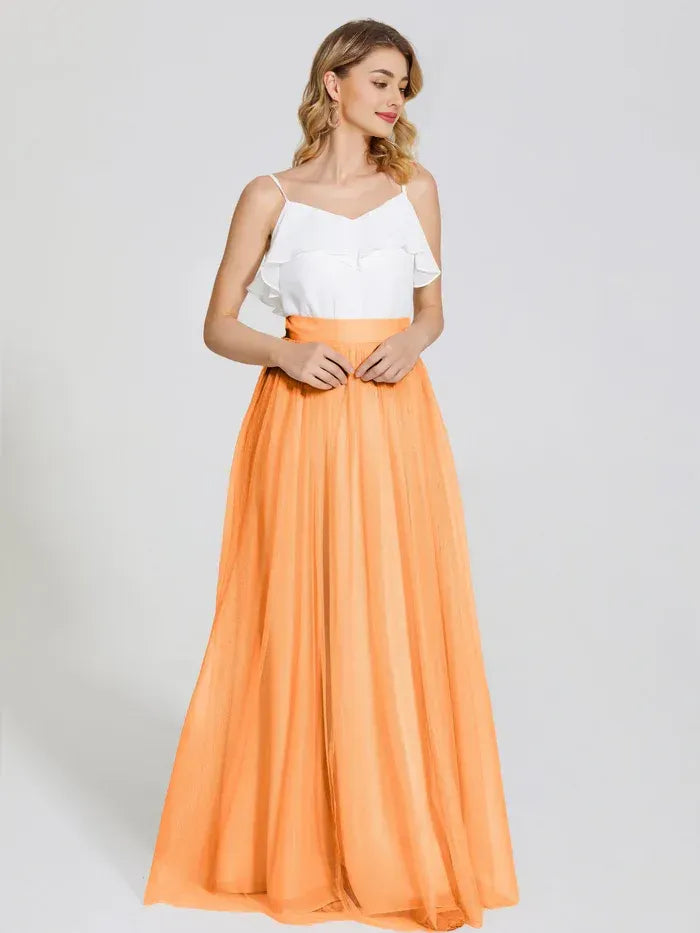 Two-Piece Ruffle Spaghetti Strap A Line Tulle Long Bridesmaid Dress