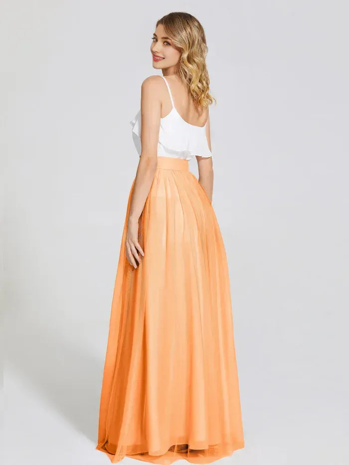 Two-Piece Ruffle Spaghetti Strap A Line Tulle Long Bridesmaid Dress