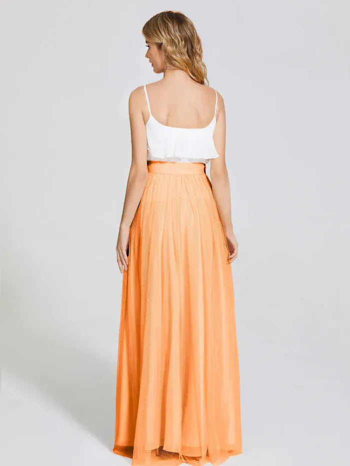 Two-Piece Ruffle Spaghetti Strap A Line Tulle Long Bridesmaid Dress