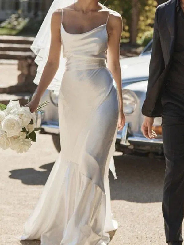 Ultra Thin Spaghetti Strap Cowl Neck Gloss Satin Mermaid Wedding Dress
