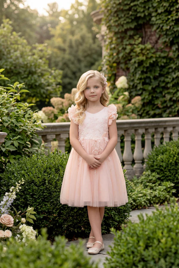V Neck 3D Floral Cap Sleeve Blush Pink Lace Tulle Short Flower Girl Dresses