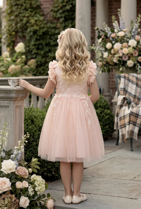 V Neck 3D Floral Cap Sleeve Blush Pink Lace Tulle Short Flower Girl Dresses