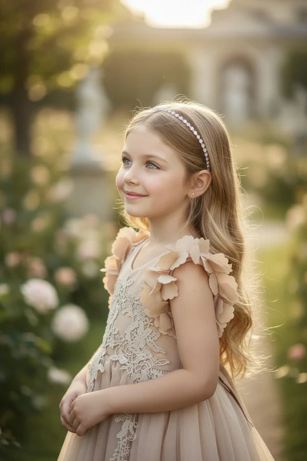 V Neck 3D Floral Cap Sleeve Champagne Lace Tulle Maxi Flower Girl Dresses