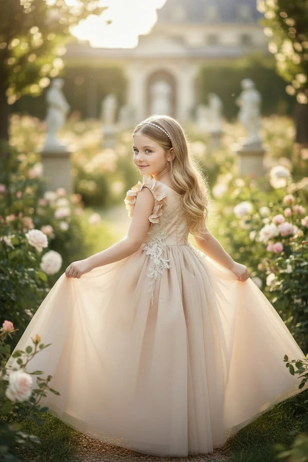 V Neck 3D Floral Cap Sleeve Champagne Lace Tulle Maxi Flower Girl Dresses