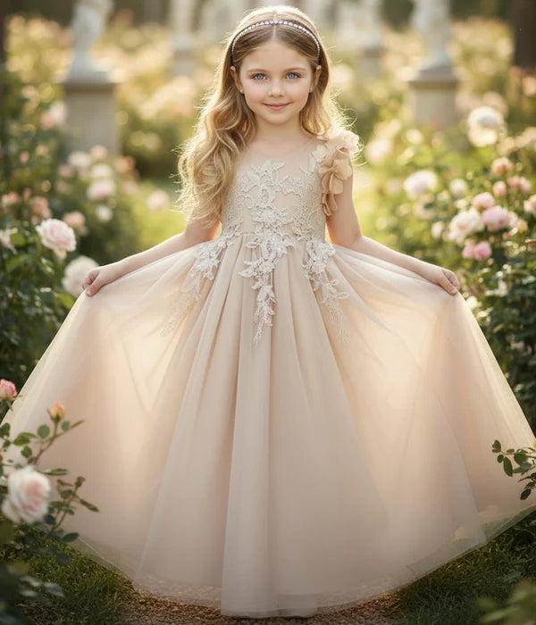 V Neck 3D Floral Cap Sleeve Champagne Lace Tulle Maxi Flower Girl Dresses