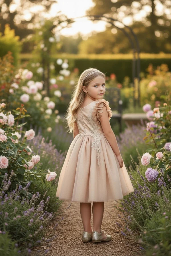 V Neck 3D Floral Cap Sleeve Champagne Lace Tulle Midi Flower Girl Dresses