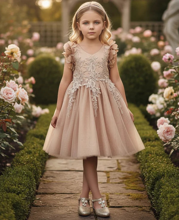 V Neck 3D Floral Cap Sleeve Champagne Lace Tulle Midi Flower Girl Dresses