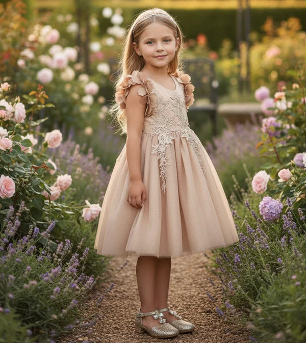 V Neck 3D Floral Cap Sleeve Champagne Lace Tulle Midi Flower Girl Dresses