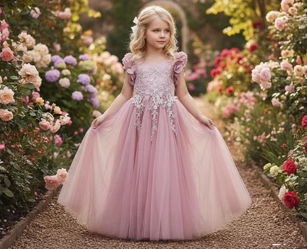 V Neck 3D Floral Cap Sleeve Dusty Pink Tulle Full Length Flower Girl Dresses