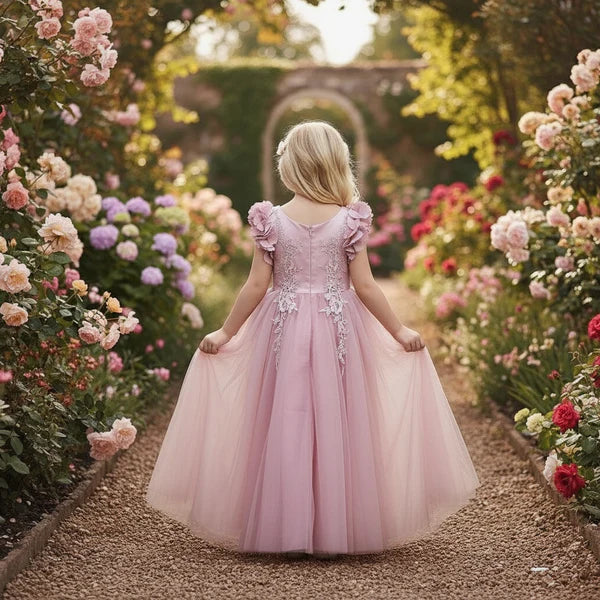 V Neck 3D Floral Cap Sleeve Dusty Pink Tulle Full Length Flower Girl Dresses