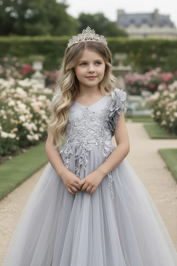 V Neck 3D Floral Cap Sleeve Grey Tulle Full Length Flower Girl Dresses