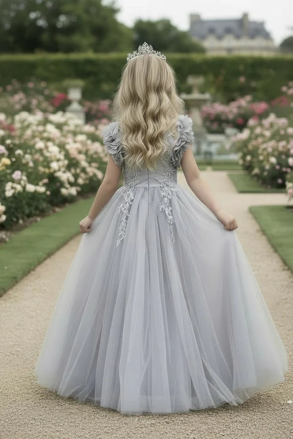 V Neck 3D Floral Cap Sleeve Grey Tulle Full Length Flower Girl Dresses