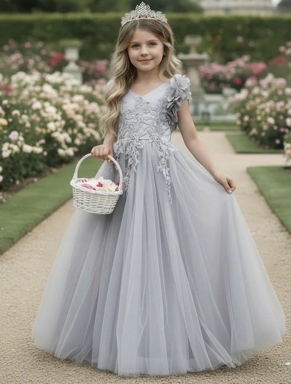 V Neck 3D Floral Cap Sleeve Grey Tulle Full Length Flower Girl Dresses