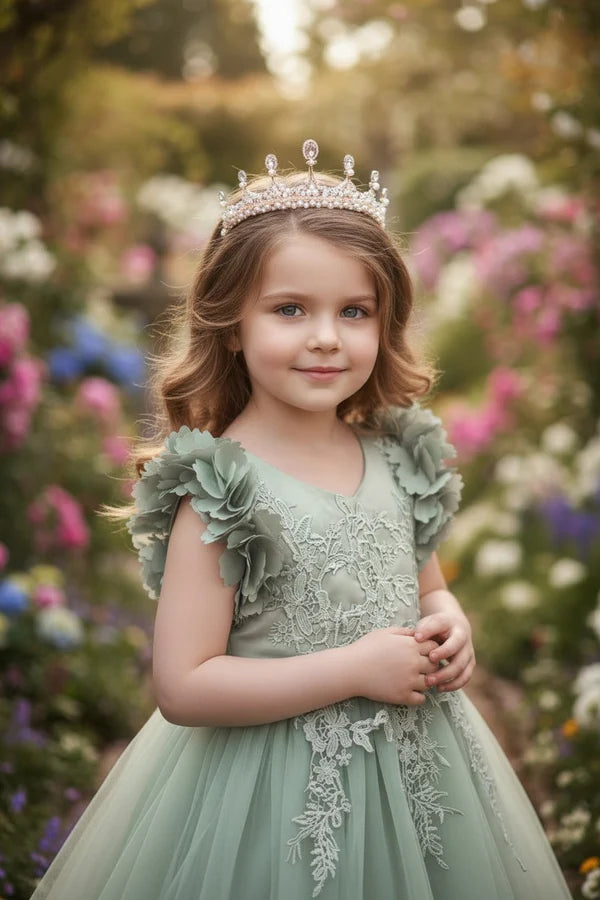 V Neck 3D Floral Ruffle Cap Sleeve Sage Green Lace Tulle Midi Flower Girl Dresses