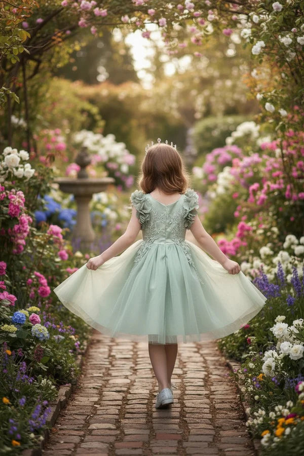 V Neck 3D Floral Ruffle Cap Sleeve Sage Green Lace Tulle Midi Flower Girl Dresses