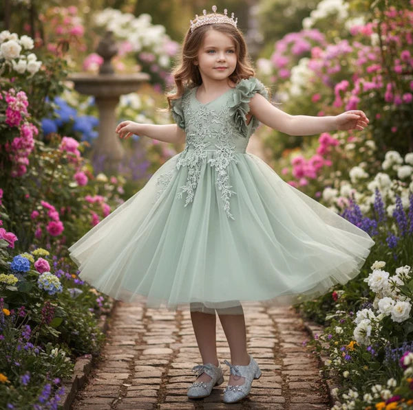 V Neck 3D Floral Ruffle Cap Sleeve Sage Green Lace Tulle Midi Flower Girl Dresses