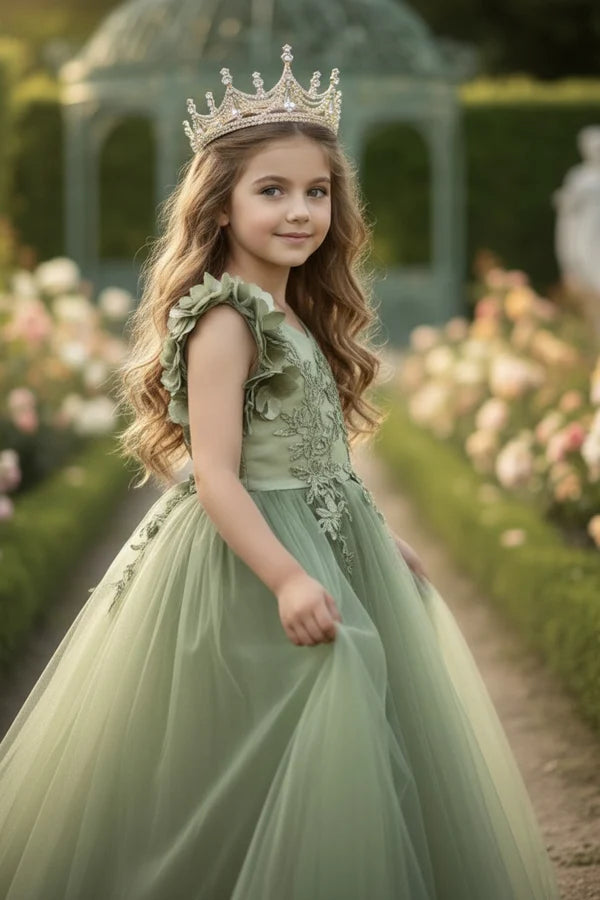 V Neck 3D Floral Sage Green Tulle Full Length Junior Bridesmaid Dresses