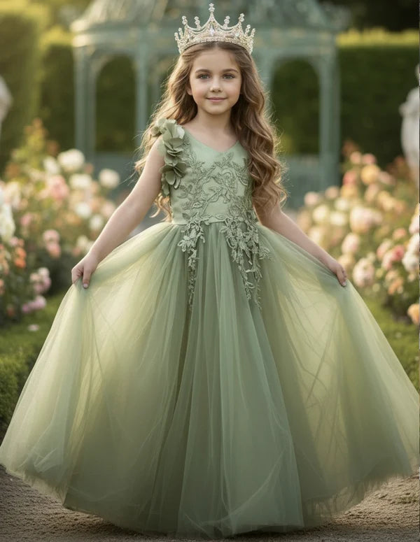 V Neck 3D Floral Sage Green Tulle Full Length Junior Bridesmaid Dresses
