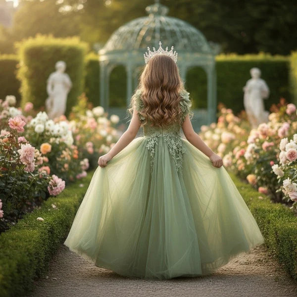 V Neck 3D Floral Sage Green Tulle Full Length Junior Bridesmaid Dresses