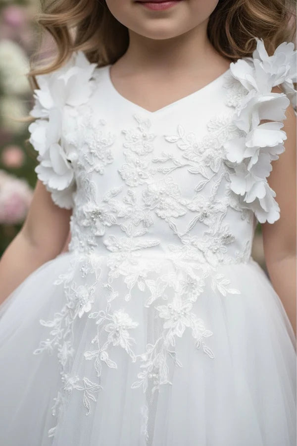 V Neck 3D Floral Shoulder White Tulle Full Length Flower Girl Dresses