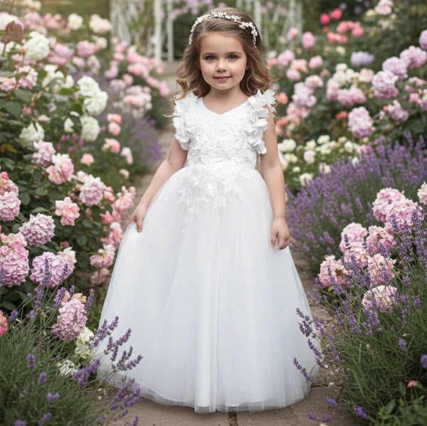 V Neck 3D Floral Shoulder White Tulle Full Length Flower Girl Dresses