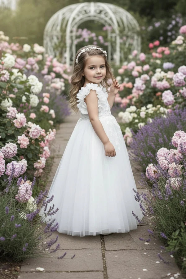 V Neck 3D Floral Shoulder White Tulle Full Length Flower Girl Dresses