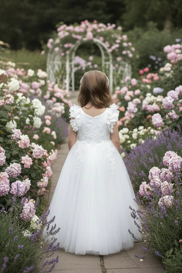 V Neck 3D Floral Shoulder White Tulle Full Length Flower Girl Dresses