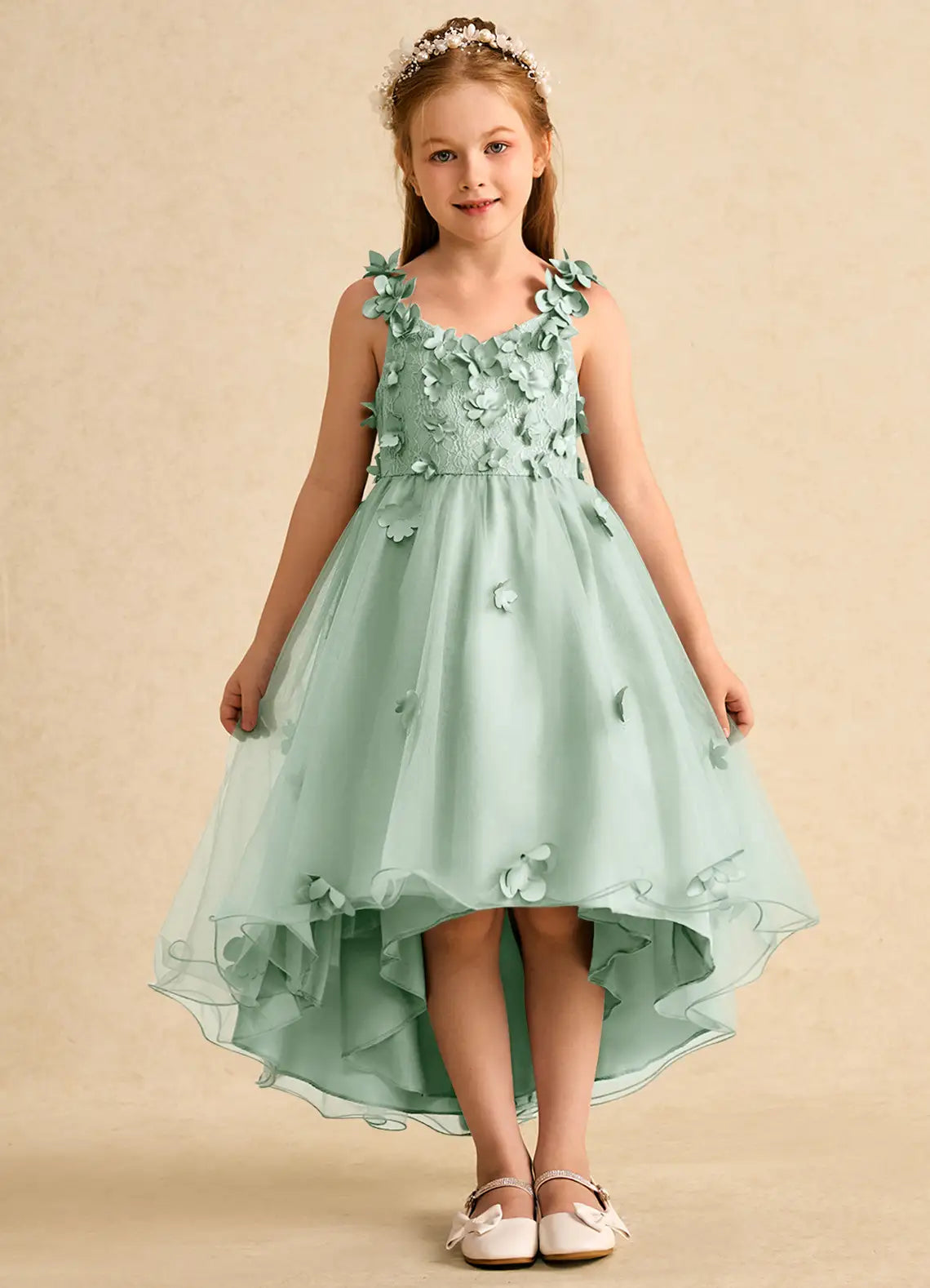 V-Neck 3D Floral Spaghetti Strap Sage Green Tulle Hi-Lo Flower Girl Dresses with Back Bow