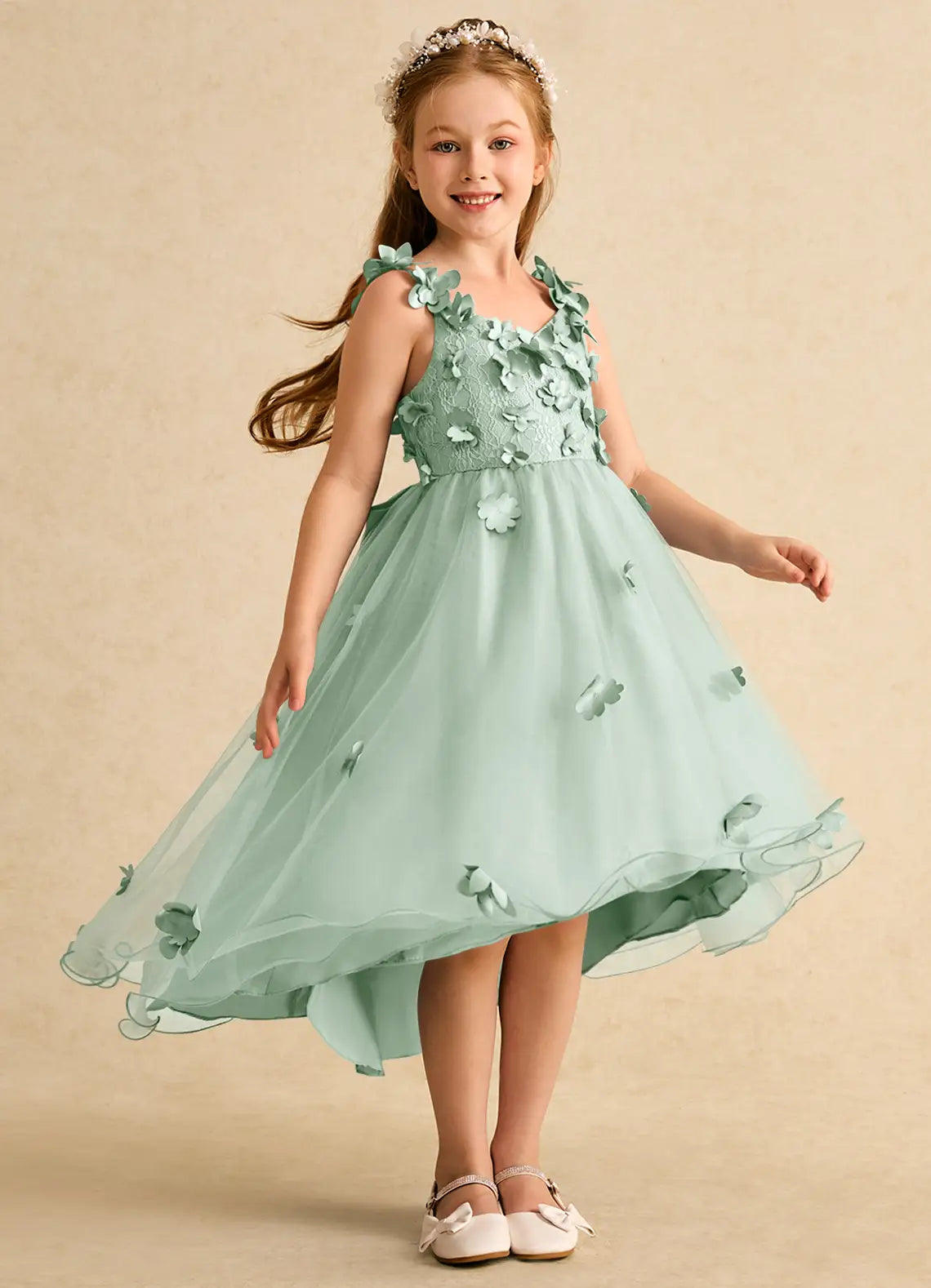 V-Neck 3D Floral Spaghetti Strap Sage Green Tulle Hi-Lo Flower Girl Dresses with Back Bow
