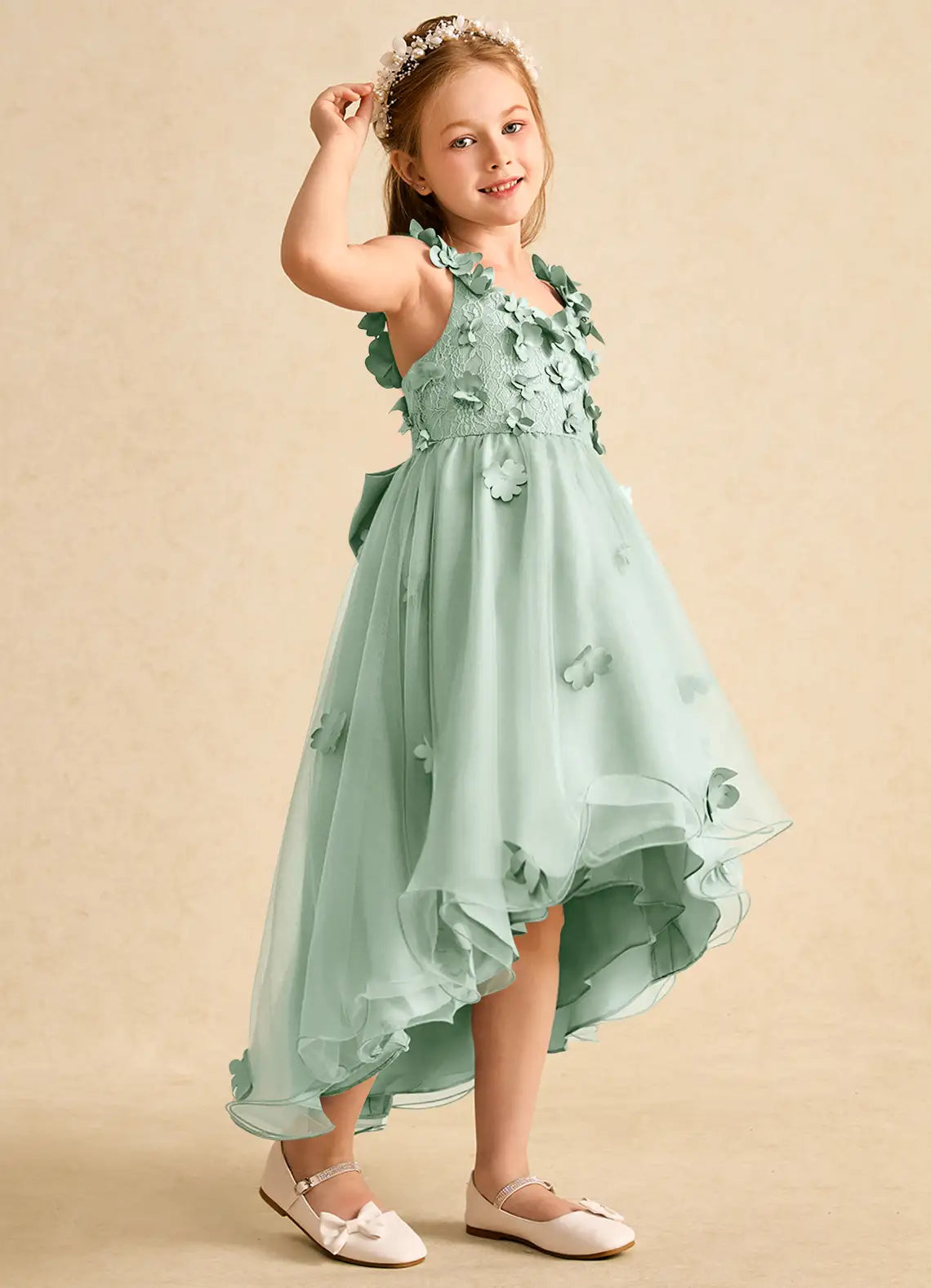 V-Neck 3D Floral Spaghetti Strap Sage Green Tulle Hi-Lo Flower Girl Dresses with Back Bow