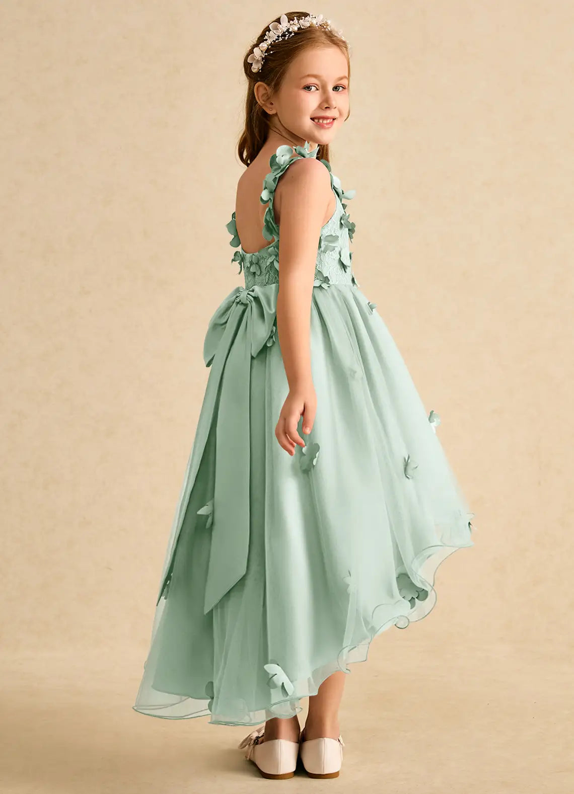V-Neck 3D Floral Spaghetti Strap Sage Green Tulle Hi-Lo Flower Girl Dresses with Back Bow